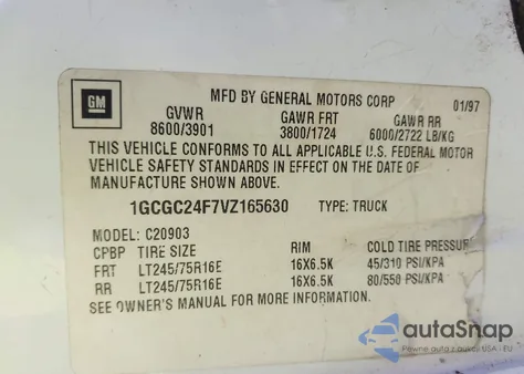 1997 Chevrolet C2500 Hd Fleetside из США, поврежденный, VIN 1GCGC24F7VZ165630